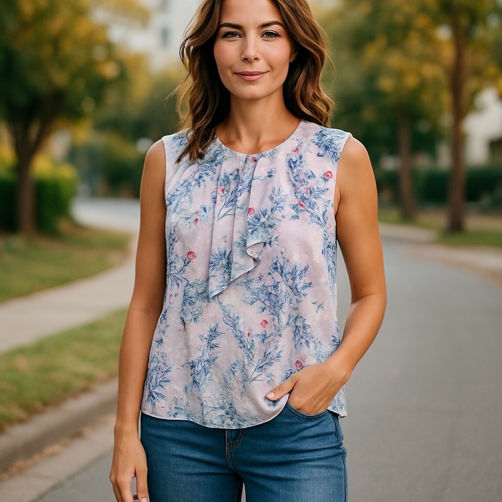 Liz Claiborne Floral Ruffle Sleeveless Blouse Career Top XL